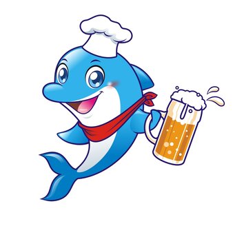 卡通可爱小海豚厨师喝啤酒