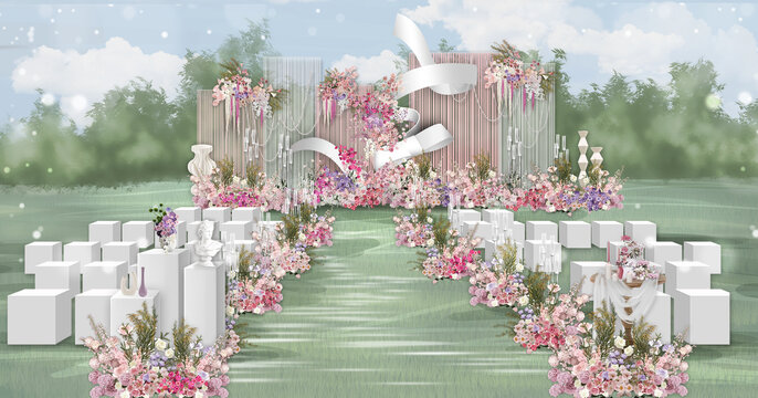 小众粉色线帘户外婚礼效果图