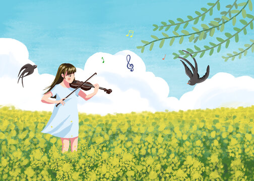油菜花拉小提琴的女孩清新插画