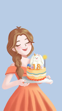生日蛋糕可爱女孩手绘插画