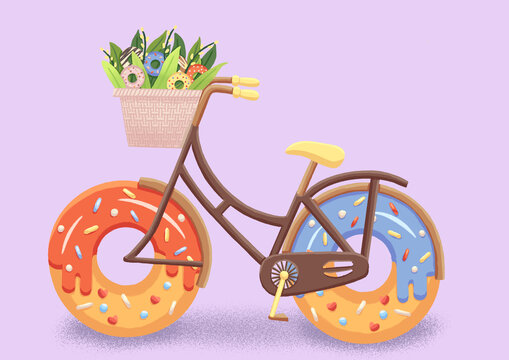 甜甜圈自行车甜品可爱卡通插画