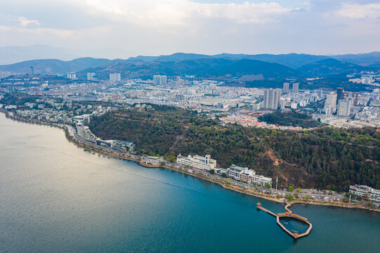 航拍云南大理洱海公园地标建筑