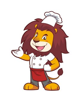 卡通可爱小狮子厨师做邀请动作