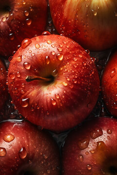 新鲜的红苹果沾满水珠露水特写