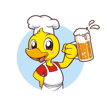 卡通可爱小鸭子厨师喝啤酒半身