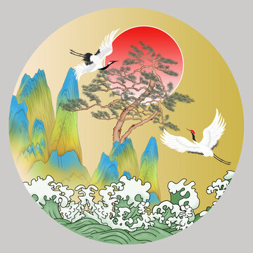 青绿浪花山水插画