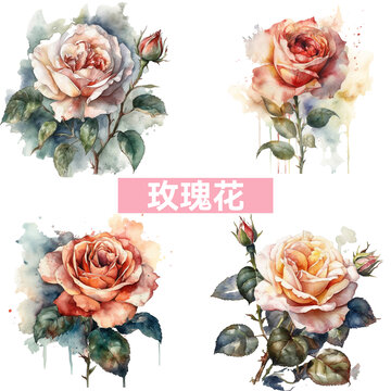 红玫瑰花水彩风插画素材