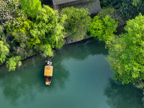 杭州西溪湿地公园摇撸船航拍