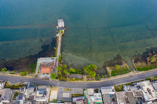 航拍云南大理洱海才村湿地公园