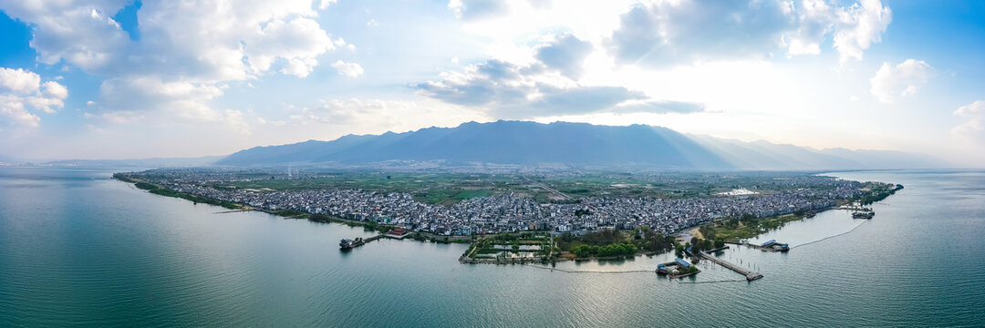 航拍云南大理洱海才村湿地公园