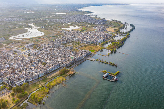 航拍云南大理洱海才村湿地公园