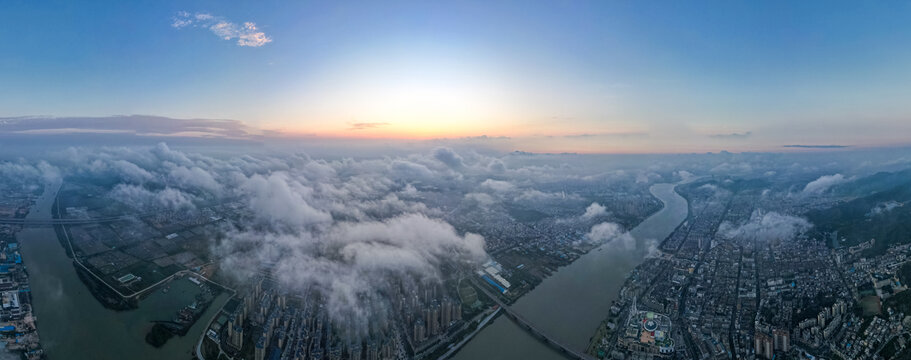 珠海井岸城市日出云海航拍