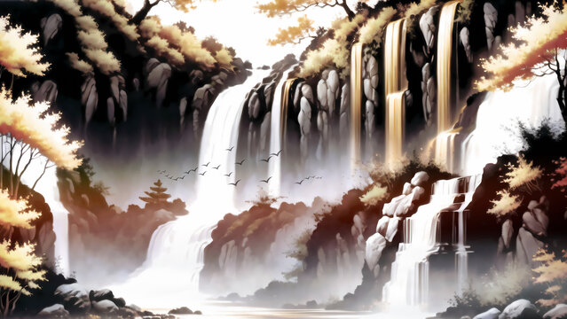 新中式水墨山水瀑布装饰画
