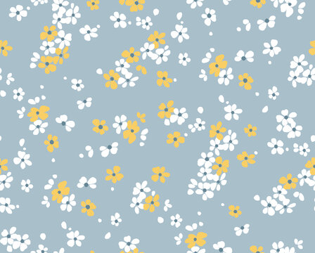 蓝灰底米色黄色小碎花