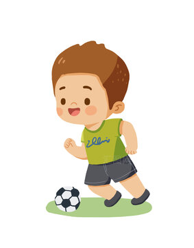 手绘插画踢足球的男孩