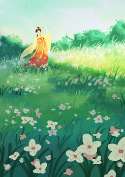 手绘女孩站在花丛中