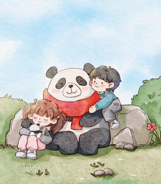 熊猫和小朋友玩耍