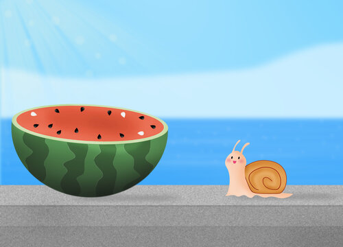 夏季对西瓜好奇的蜗牛背景