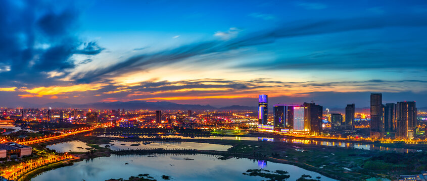 义乌城市夜景晚霞风光全景