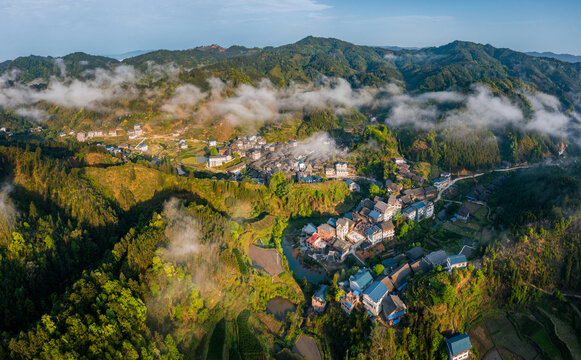 航拍山村农村乡村日出云雾