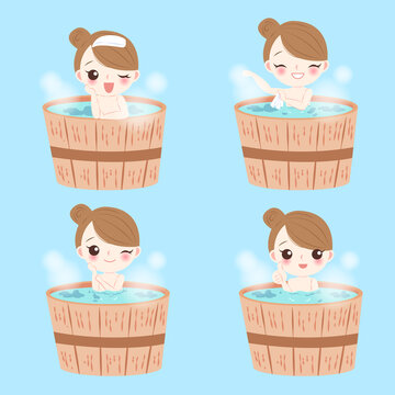 卡通风女性在木桶里泡澡放松插图素材