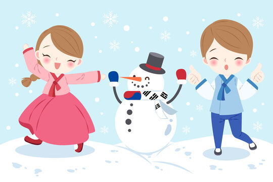 卡通风韩服情侣在雪人旁玩雪插图