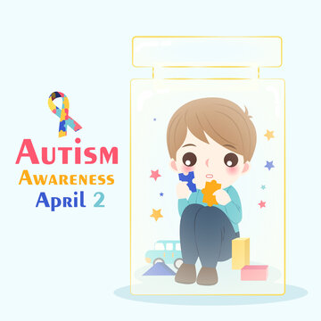 男孩在玻璃罐里玩拼图 世界自闭症日海报