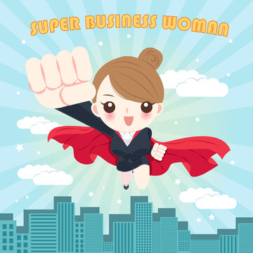卡通超级女商人 在城市上空飞翔插图