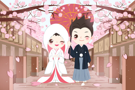 樱花树下的日本传统新婚夫妇插图
