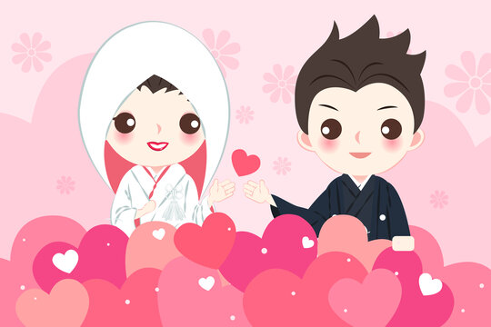 成堆爱心里的日本传统新婚夫妇插图
