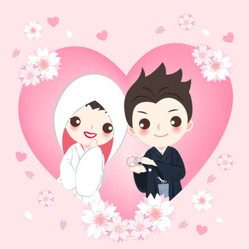 卡通日本传统新婚夫妇 交换戒指插图