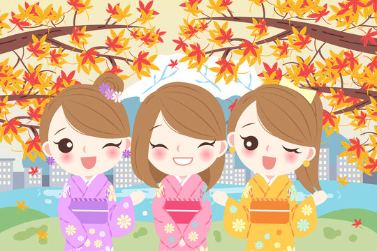 穿和服的少女们 在户外赏枫插图