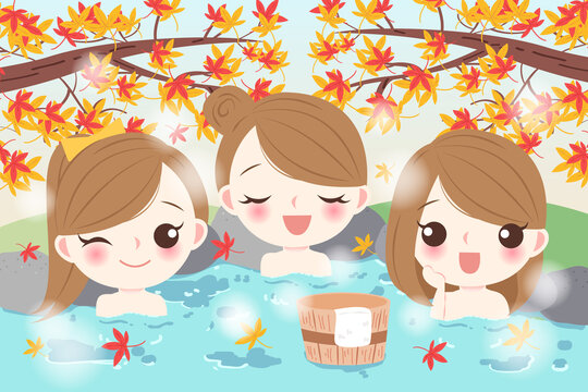 少女们在户外泡温泉赏枫插图