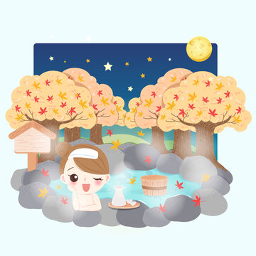 夜晚少女在枫树旁泡户外温泉插图