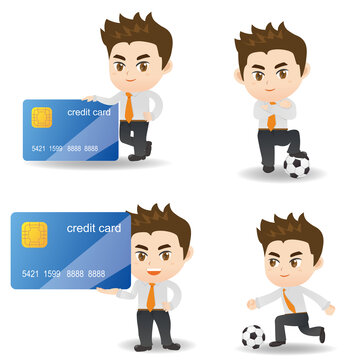 卡通风商人与信用卡和足球 人物插图素材