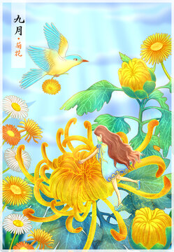 菊花与鸟包装封面装饰画