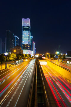 浙江义乌城市夜景车流