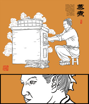 炒土灶插画线稿图