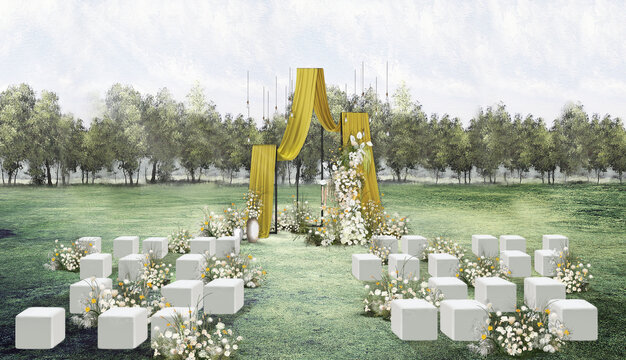 白绿黄色婚礼户外草坪效果图