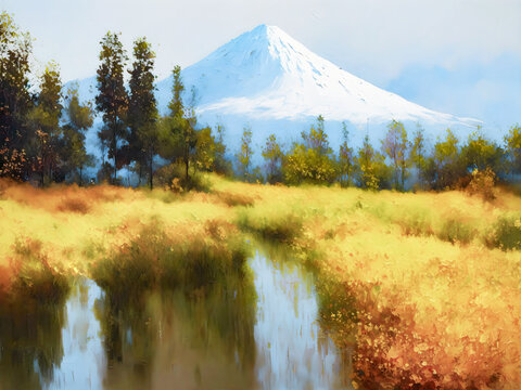 手绘富士山风景画