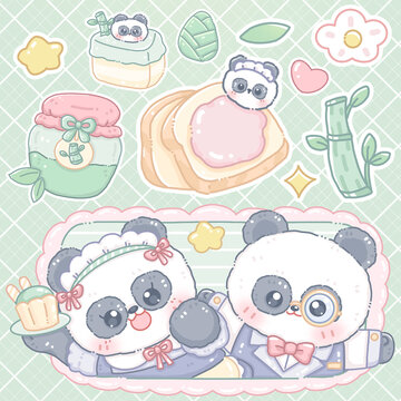 熊猫情侣竹子酒花朵面包蛋糕