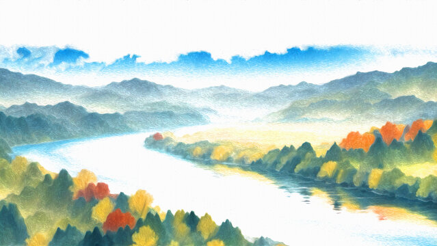 河流森林山水油画