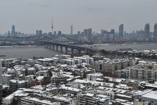 武汉长江大桥城市风光雪景