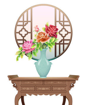 玫瑰瓶花中国风插画
