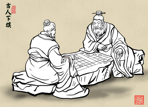 古人下棋手绘线描图