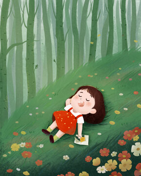 春夏森林女孩在草坪入睡