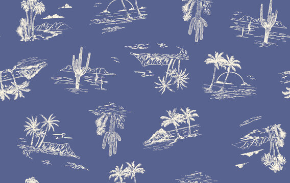 浅藏青底米色热带风椰树