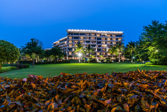 中国三亚酒店椰树草坪夜景