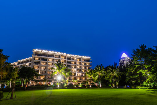 中国三亚酒店椰树草坪夜景