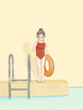 卡通女孩游泳夏季